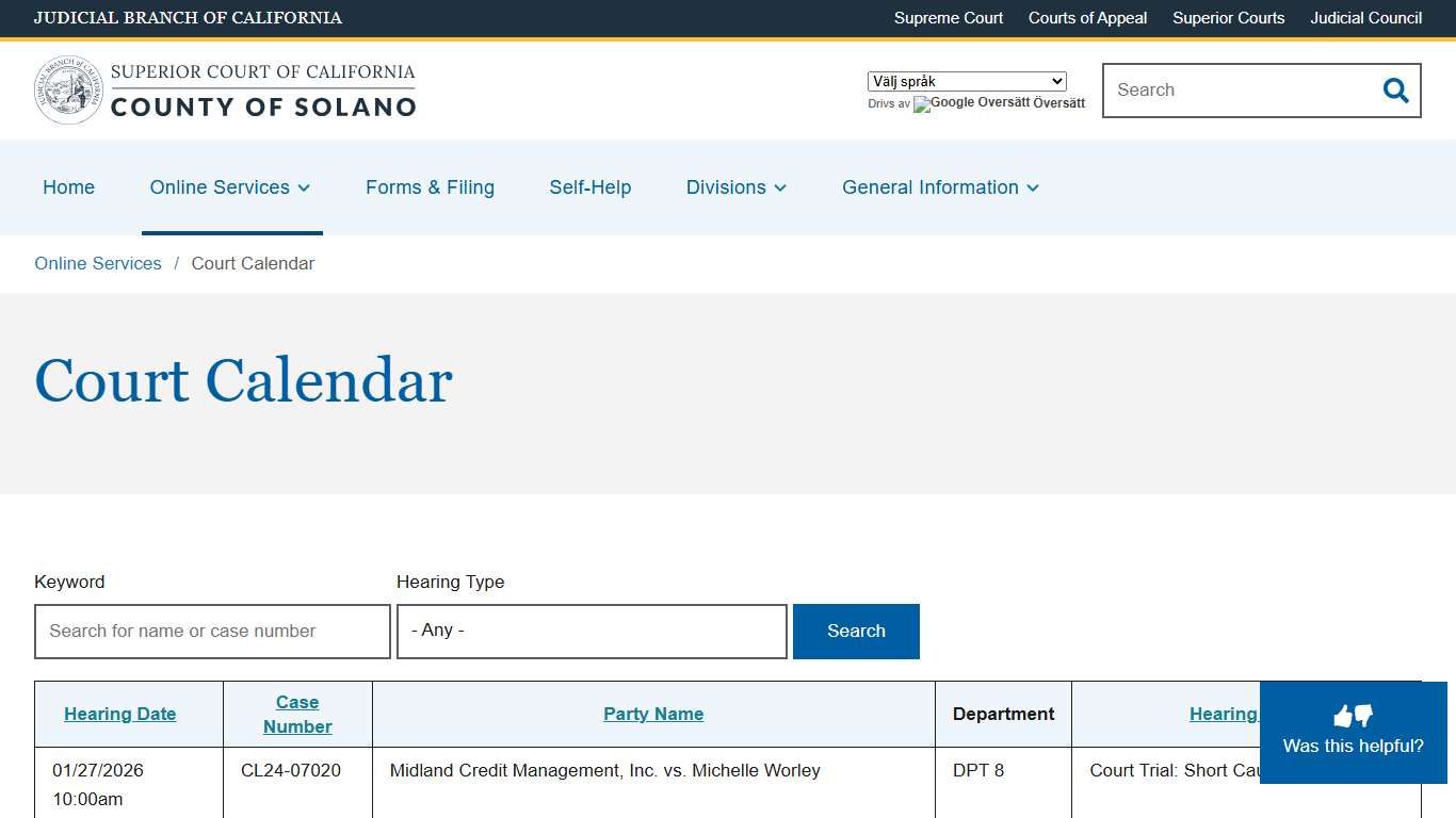 Court Calendar Superior Court of California County of Solano