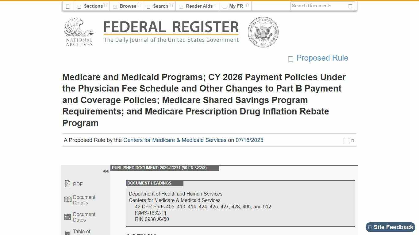 Federal Register :: Medicare and Medicaid Programs; CY 2026 Payment Policies Under the Physician Fee Schedule and Other Changes to Part B Payment and Coverage Policies; Medicare Shared Savings Program Requirements; and Medicare Prescription Drug Inflation Rebate Program
