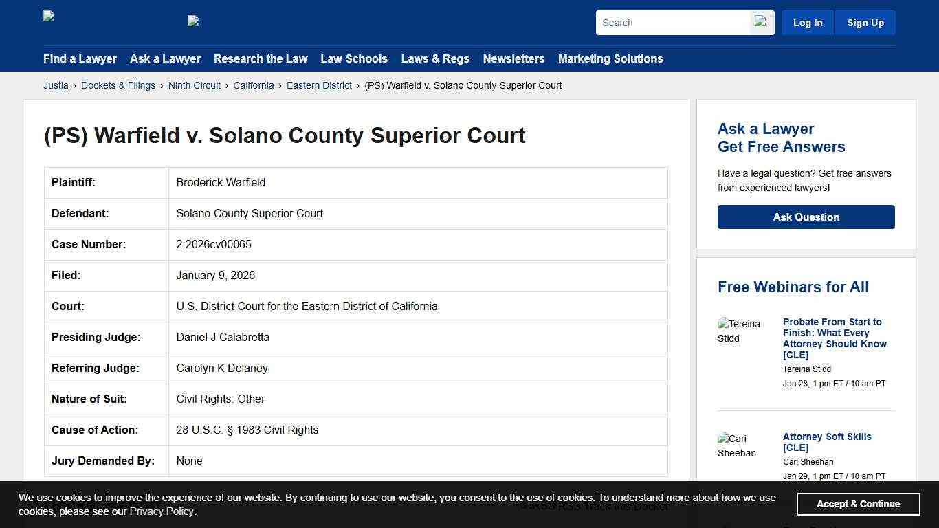 (PS) Warfield v. Solano County Superior Court 2:2026cv00065 U.S. District Court for the Eastern District of California Justia