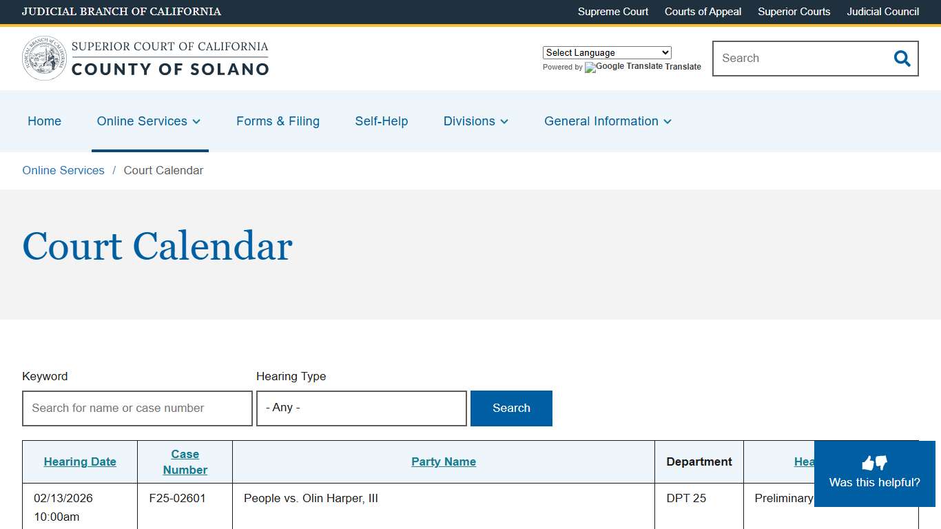 Court Calendar Superior Court of California County of Solano